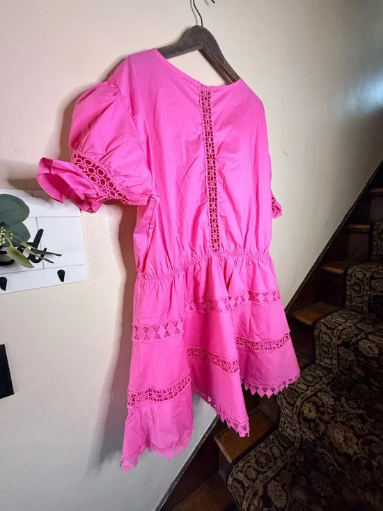 Anthropologie Bright Hot Pink Crochet-Trim Dress - Picture 8 of 16